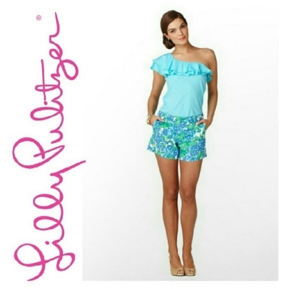 Lilly Pulitzer Wynne 100% Pima Cotton Off Shoulder Ruffle Top Blue Small - Picture 2 of 16